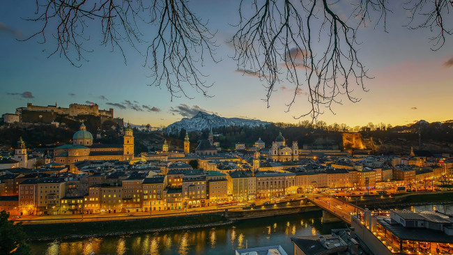 Обои картинки фото австрия, города, - панорамы, водоем, мост, ветки, фонари, здания, гора