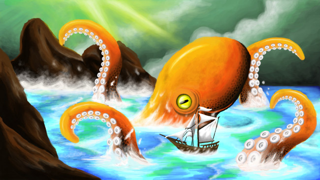 Обои картинки фото рисованное, животные, осьминог, море, корабль