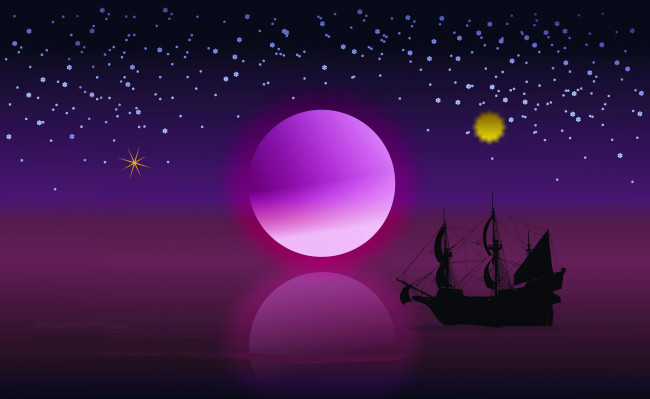 Обои картинки фото 3д графика, море , sea, звезды, корабль, луна, ночь