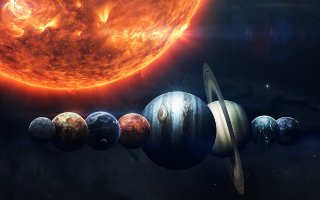 Обои картинки фото космос, солнце, планеты, солнечной, системы, выстроились, в, ряд, рядом, с, солнцем