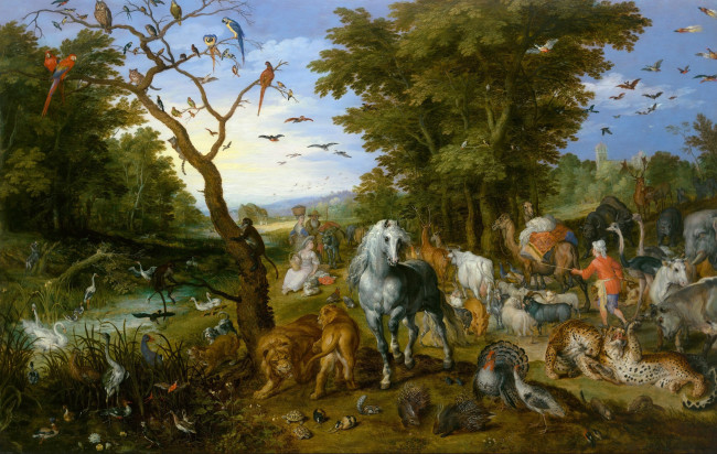 Обои картинки фото рисованное, живопись, Ян, брейгель, старший, картина, ной, собирает, животных, для, ковчега, мифология