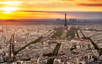 обоя города, париж , франция, небо, восход, панорама, башня
