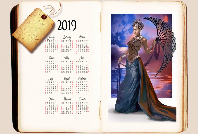 Обои картинки фото календари, фэнтези, книна, 2019, calendar, веер, девушка, женщина, водоем
