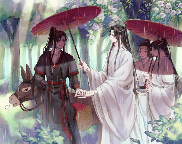 Обои картинки фото аниме, mo dao zu shi, вэй, усянь, лань, ванцзы, ослик, дождь, зонты, циньи, сычжуй