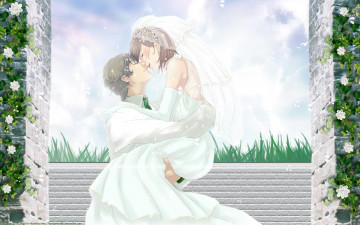 обоя tokimeki, memorial, аниме, девушка, мужчина, свадьба, свадебное платье, невеста, жених, фата, цветы, небо, облака, ограда, трава, растения