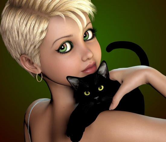 Обои картинки фото 3д графика, портрет , portraits, девушка, стрижка, кот, черный