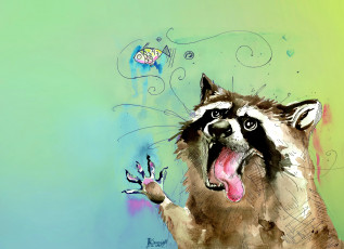 Картинка рисованное животные +еноты енот животное полоскун язык цвет рисунок акварель рыба пузырь