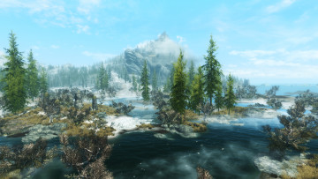 обоя видео игры, the elder scrolls v,  skyrim, деревья, озеро, небо, вершина
