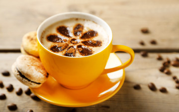 Картинка еда кофе +кофейные+зёрна макарун пирожное чашка cup coffee beans