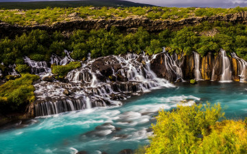 Картинка природа водопады река лавовое поле каскад водопад хвитау исландия