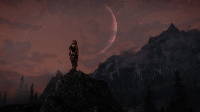 Обои картинки фото видео игры, the elder scrolls v,  skyrim, луна, горы, фон, взгляд, девушка