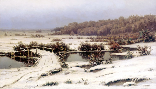 Обои картинки фото рисованное, живопись, речка, мост, картина, холод, пейзаж, первый, снег, небо, берег, вода, лес, деревья, кусты, холст