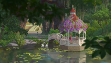Картинка мультфильмы the+princess+and+the+frog беседка люди лебеди водоем деревья растения