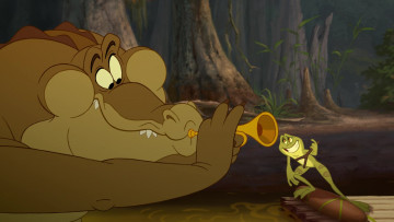 Картинка мультфильмы the+princess+and+the+frog лягушка крокодил водоем деревья труба