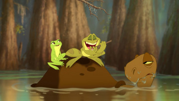 обоя мультфильмы, the princess and the frog, лягушка, черепаха, водоем, деревья