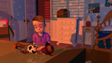 обоя мультфильмы, toy story, ковбой, игрушка, мальчик, кровать, лампа, комод
