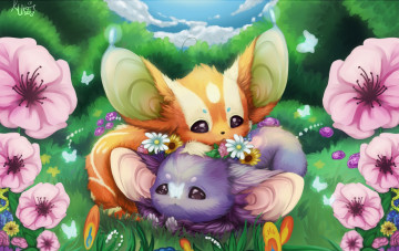 Картинка аниме животные +существа лето цветы арт малыши полянка милашка детская