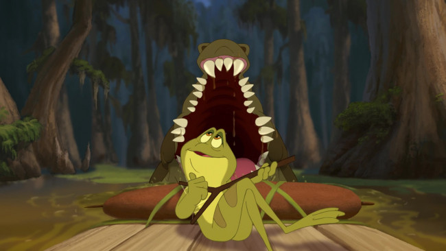 Обои картинки фото мультфильмы, the princess and the frog, лягушка, крокодил, водоем, деревья