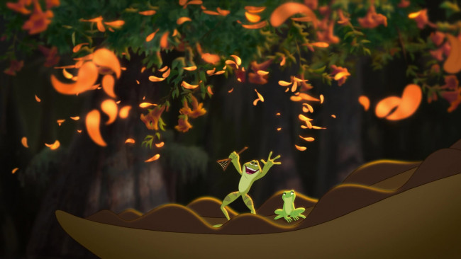 Обои картинки фото мультфильмы, the princess and the frog, лягушка, лепестки, растение