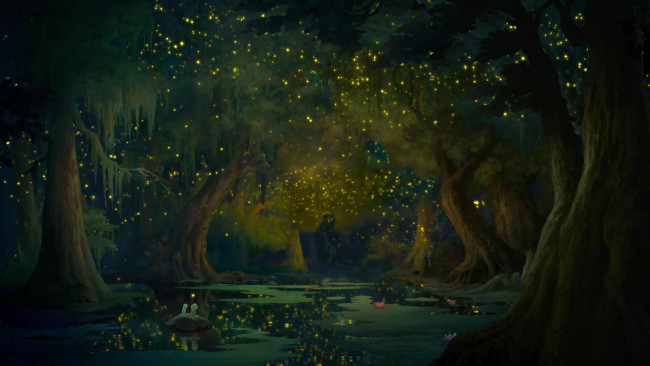 Обои картинки фото мультфильмы, the princess and the frog, светлячки, водоем, деревья, ночь