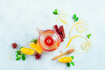 Картинка натюрморт еда напитки +Чай листья лимон ваниль корица узор чай мёд