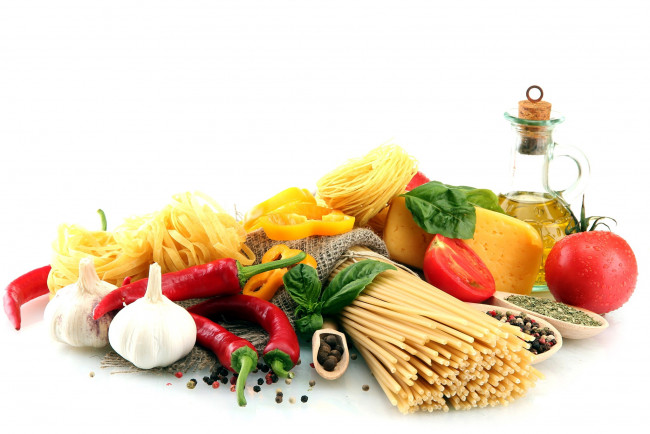 Обои картинки фото еда, макаронные блюда, перец, чеснок, спагетти, помидоры, томаты