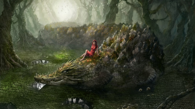 Обои картинки фото фэнтези, красавицы и чудовища, крокодил, девушка, лес, болото