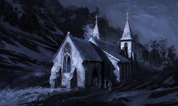 Картинка рисованное города ночь горы церковь люди