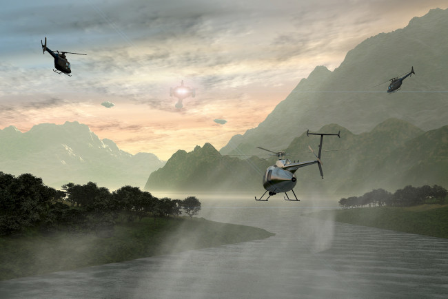 Обои картинки фото 3д, графика, fantasy, фантазия, горы, вертолёты, река