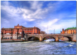 обоя stockholm, riksdagshuset, города, стокгольм, швеция, город, река, мост, парламент