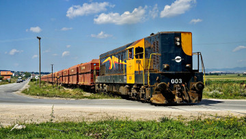 обоя техника, поезда, железная, дорога, переезд, локомотив, грузовой, состав