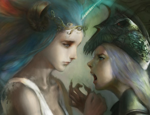 Картинка фэнтези существа девушки сестры руки эмоции злость грусть клыки демоница рог