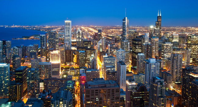 Обои картинки фото chicago, города, Чикаго , сша, огни, ночь, панорама