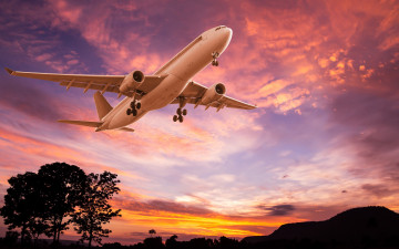 Картинка авиация авиационный+пейзаж креатив пассажирский деревья самолет полет небо пейзаж силуэты зарево взлет