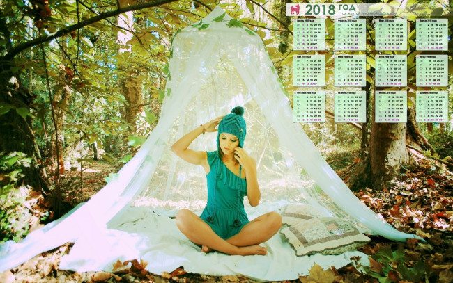 Обои картинки фото календари, девушки, шапка, подушка, листья, балдахин