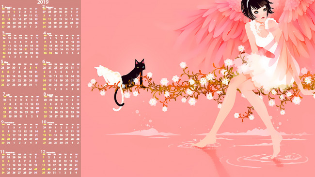 Обои картинки фото календари, аниме, девушка, крылья, кошка, цветы