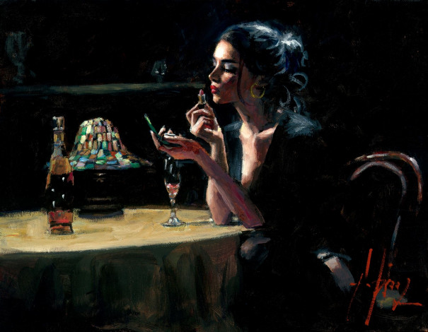 Обои картинки фото рисованное, fabian perez, девушка, помада, стол, бокал, бутылка