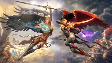 Картинка фэнтези ангелы девушки мечи армии бой