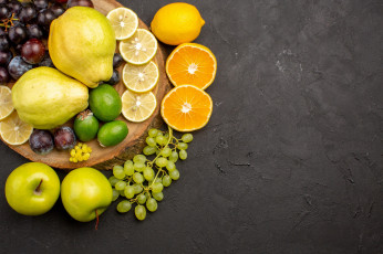 Картинка еда фрукты +ягоды виноград лимон апельсин фейхоа