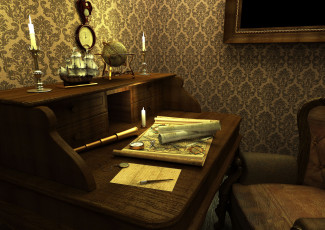 Картинка 3д графика realism реализм свеча глобус часы карта бюро парусник