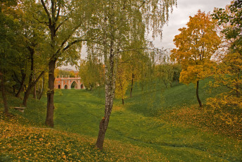 обоя природа, парк, деревья, трава, небо, мост, желтые, листья