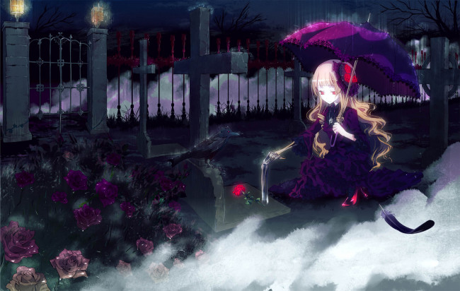 Обои картинки фото аниме, *unknown, другое, могила, крест, ворон, зонт, дождь, ночь, розы, девушка