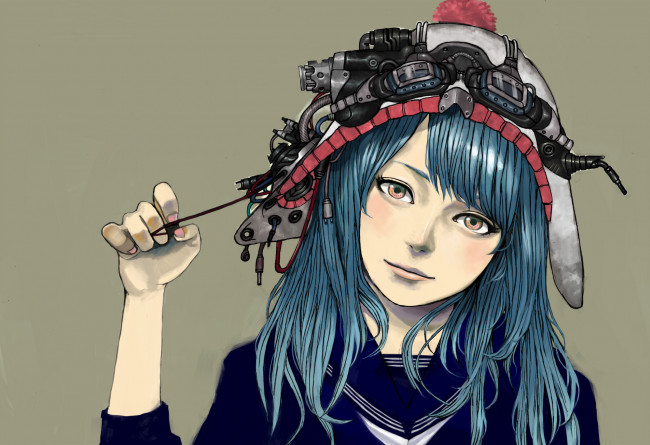Обои картинки фото by, kishimen, аниме, weapon, blood, technology, техника, шапка, девушка, очки
