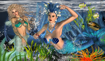 Картинка 3д графика fantasy фантазия море водоросли рыбы русалки
