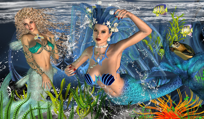 Обои картинки фото 3д, графика, fantasy, фантазия, море, водоросли, рыбы, русалки