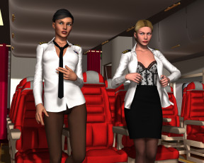 обоя stewardesses, 3д графика, фантазия , fantasy, взгляд, девушки