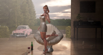 Картинка 3д+графика люди+ people девушка взгляд вино автомобиль кресло фужер