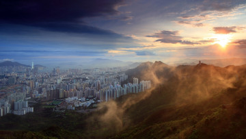 Картинка города гонконг+ китай рассвет дымка утро небоскребы дома полуостров коулун гонконг
