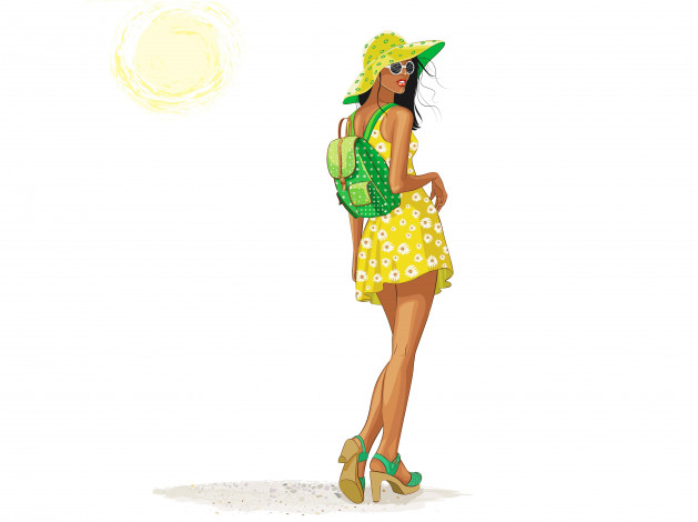 Обои картинки фото векторная графика, девушки, шляпа, рюкзак, платье, очки, лето, солнце, спина, стиль, девушка