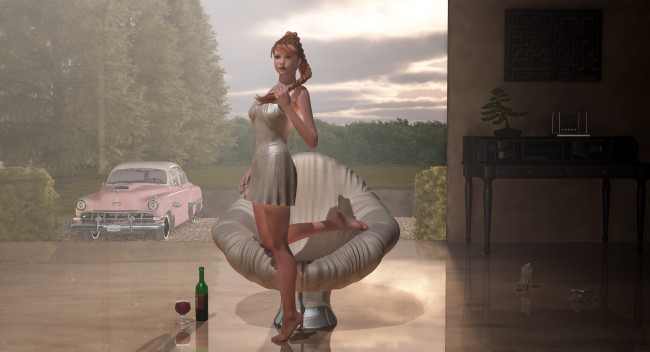 Обои картинки фото 3д графика, люди , people, девушка, взгляд, вино, автомобиль, кресло, фужер